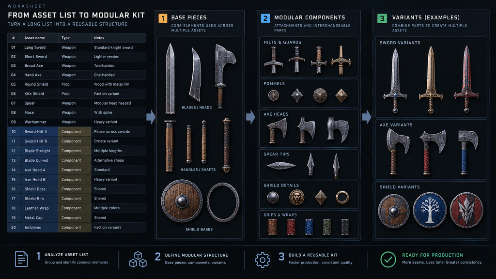 Worksheet converting an asset list into base pieces, modular components, and variants for a props and weapons kit