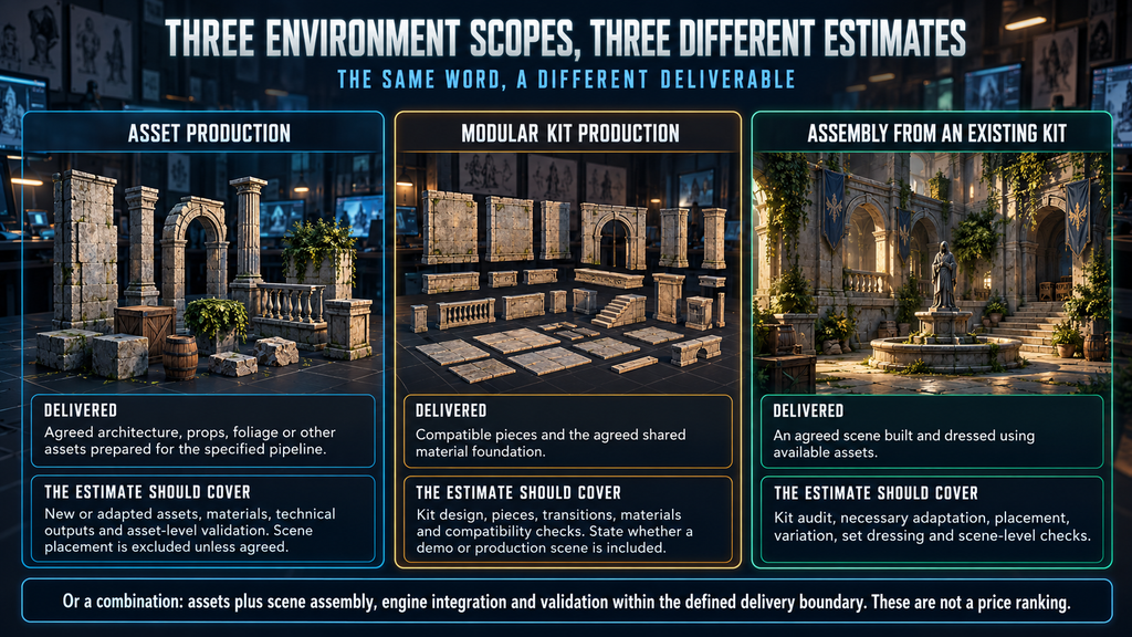 Comparison of 3D environment cost scopes: asset production, modular kit delivery and scene assembly