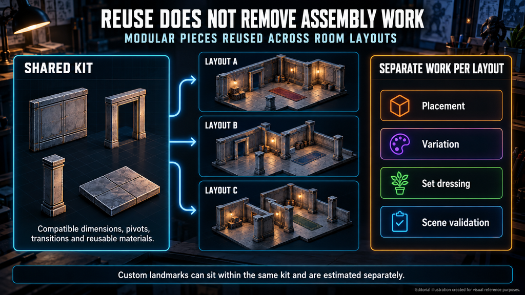 Modular environment pieces reused across room layouts, with separate assembly and variation work