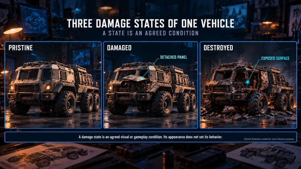Game vehicle in pristine, damaged and destroyed states with exposed surfaces and detached panels
