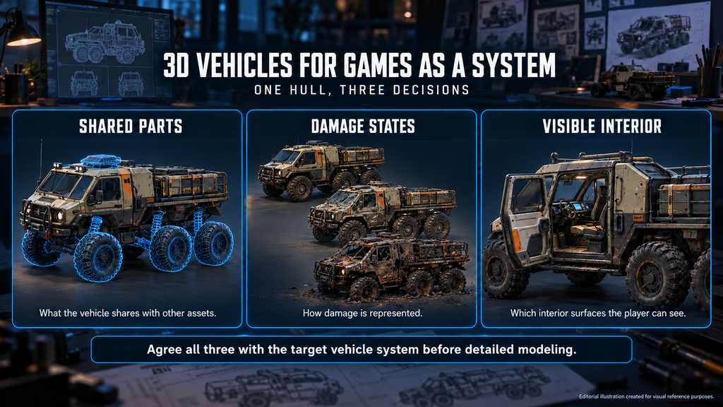 3D vehicles for games as a system: one hull with shared modular parts, damage states and a visible interior
