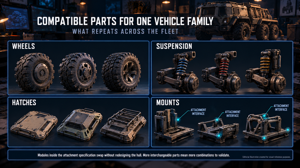 Compatible modular parts for one game vehicle family: wheels, suspension, hatches and mounts
