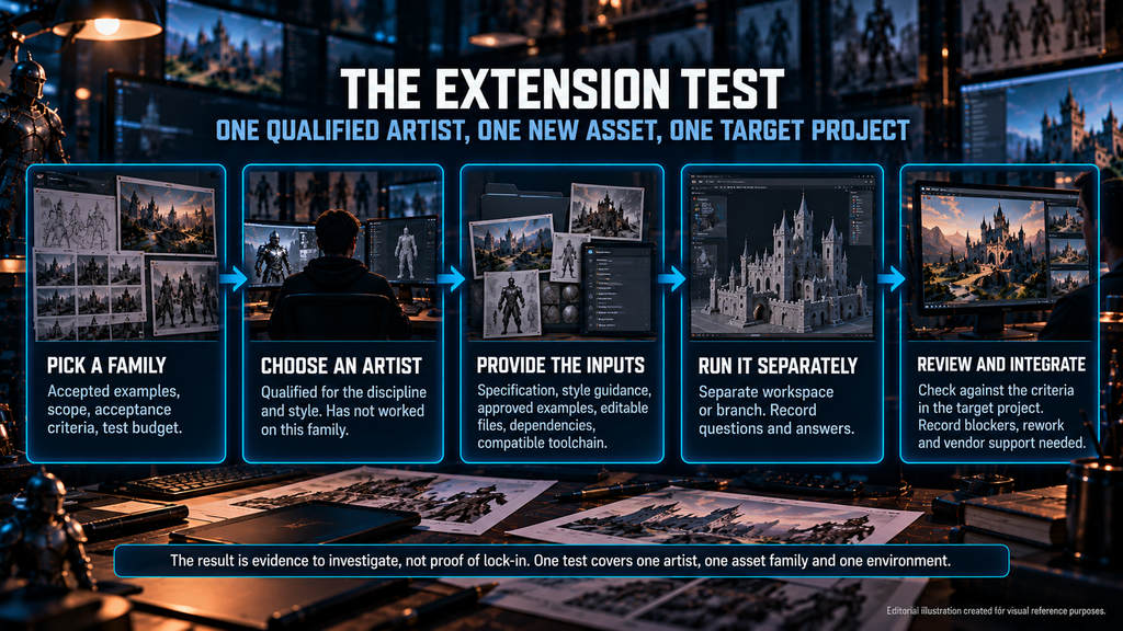 Extension test: a qualified artist creates one new asset using approved resources and a compatible toolchain