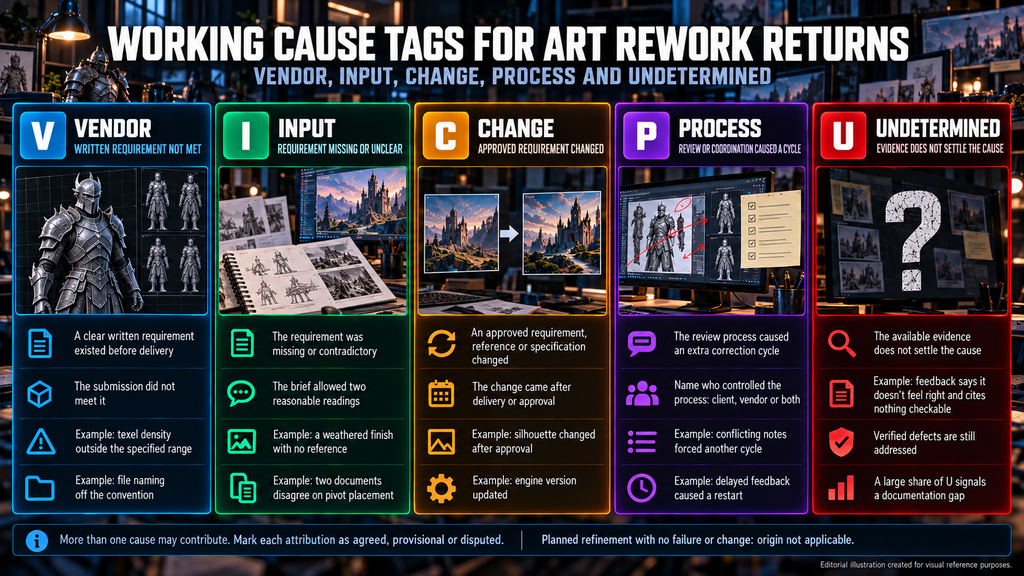 Working cause tags for art rework returns: vendor, input, change, process and undetermined attribution