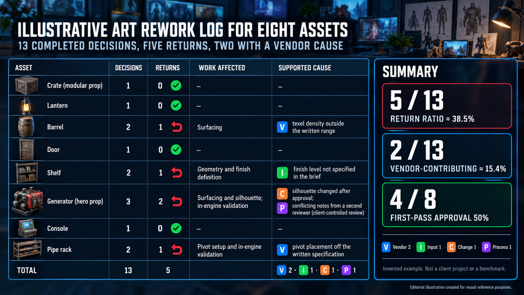 Illustrative art rework log for eight assets: 13 completed decisions, five returns, two with a vendor cause
