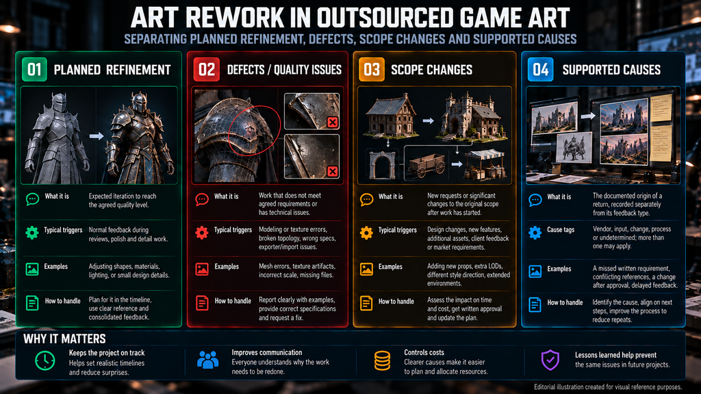 Art rework in outsourced game art: separating planned refinement, defects, scope changes and supported causes