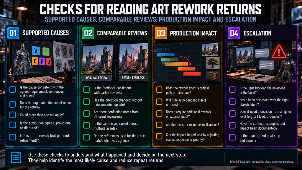 Checks for reading art rework returns: supported causes, comparable reviews, production impact and escalation