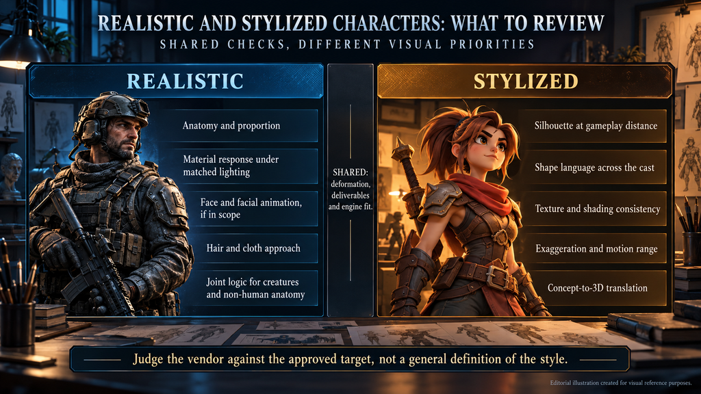 Review points for realistic and stylized game characters, from anatomy and materials to silhouette and shape language