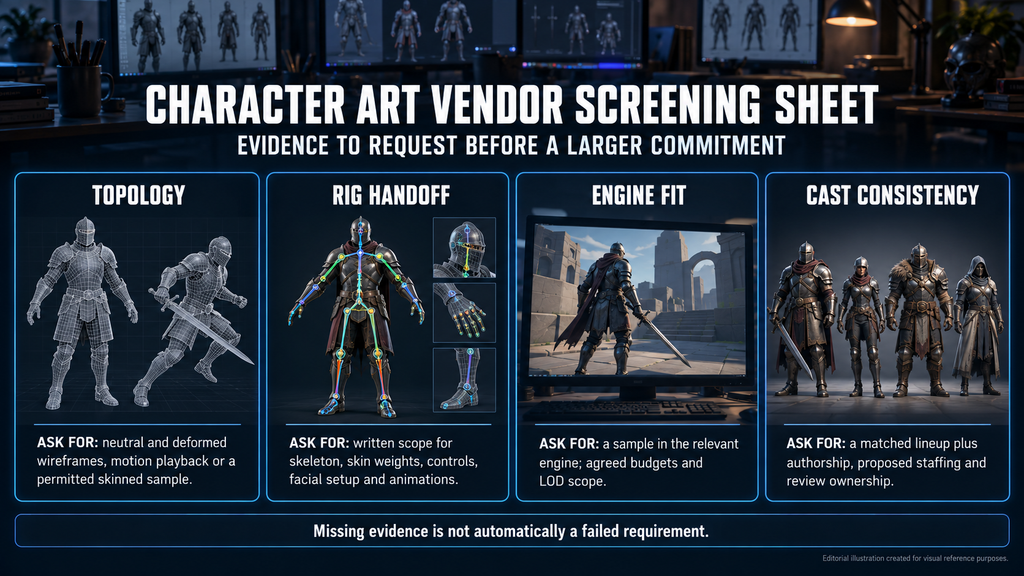 Screening sheet for vetting a character art vendor: topology, rig handoff, engine fit and cast consistency