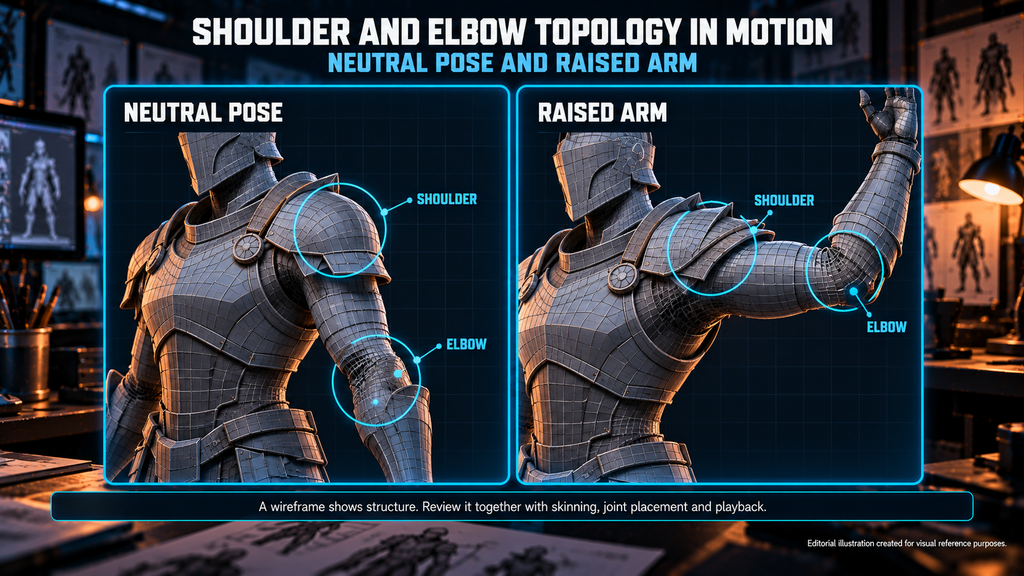Neutral and raised-arm wireframe views of a game character's shoulder and elbow topology