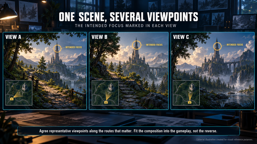 One fantasy scene shown from three camera viewpoints with the intended focus marked in each view