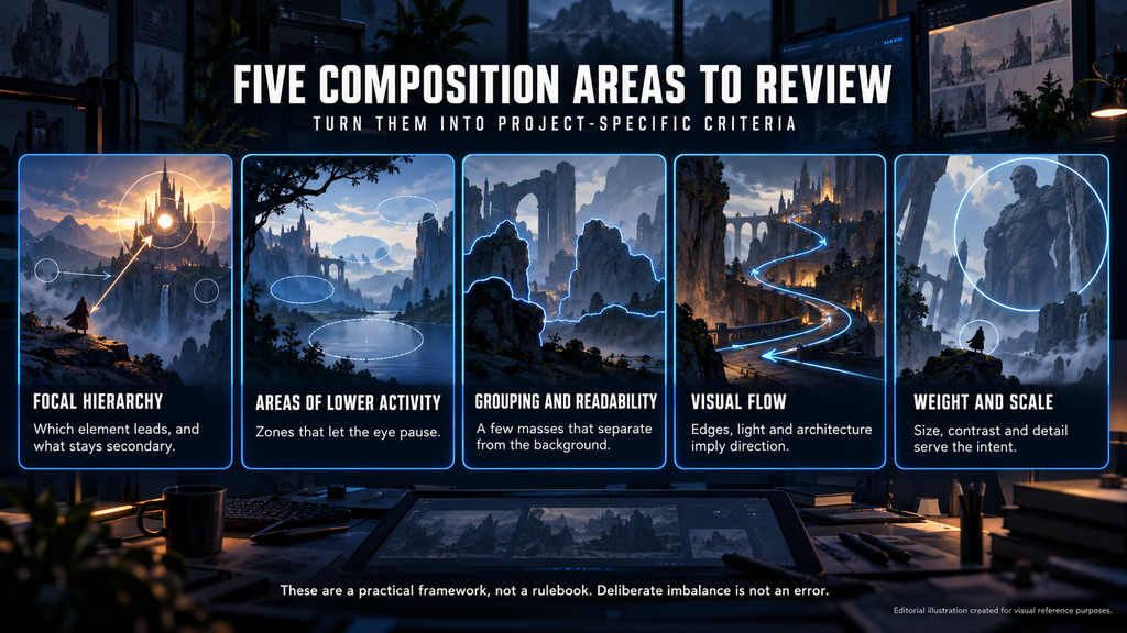 Five concept art composition areas to review: focal hierarchy, lower activity, grouping, flow and weight