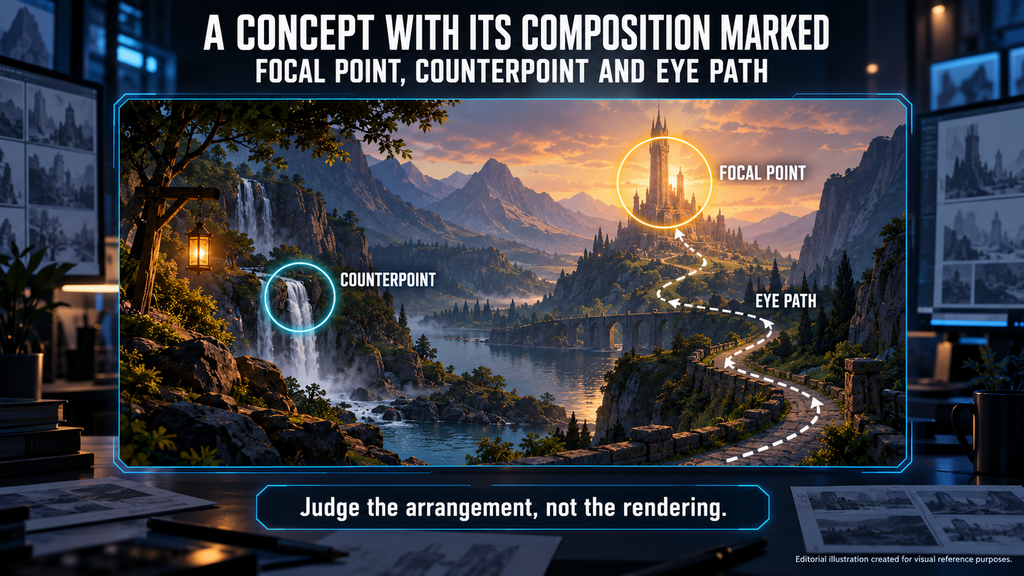 Concept art composition: a fantasy valley with focal point, counterpoint and eye path marked