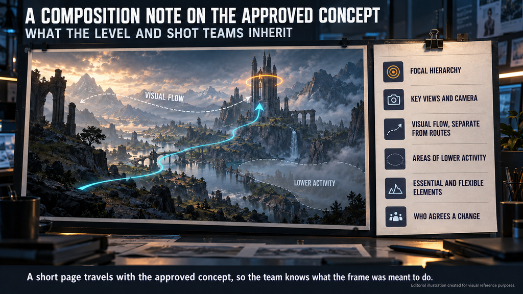 A composition note attached to an approved concept frame listing focus, views, flow and who agrees changes