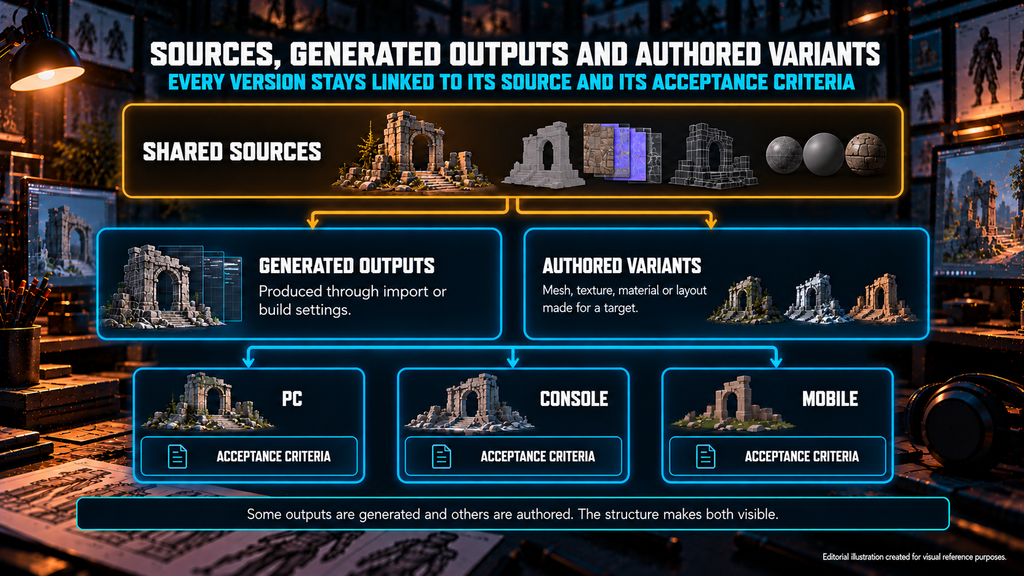 Cross-platform art pipeline: shared sources, generated outputs and authored variants per target with acceptance criteria