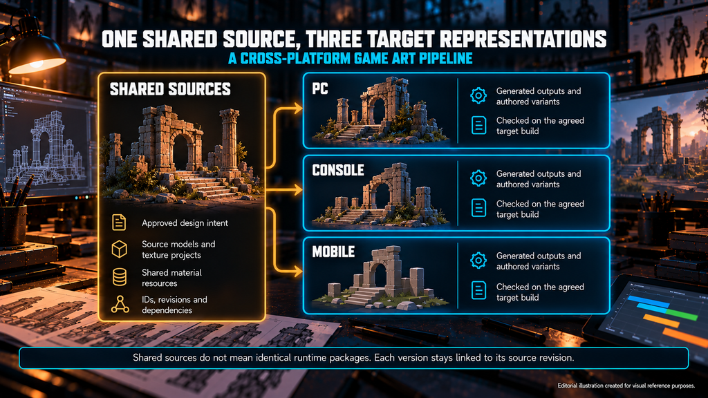 Cross-platform game art pipeline diagram: shared sources feeding PC, console and mobile representations