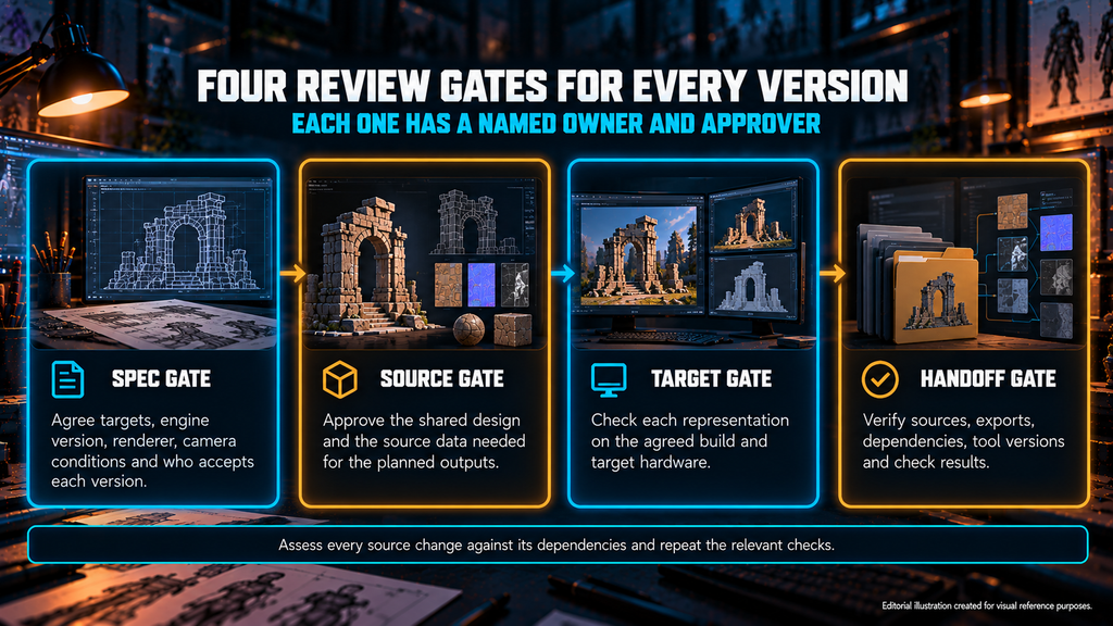 Cross-platform game art review gates: spec, source approval, per-target check on the agreed build and handoff