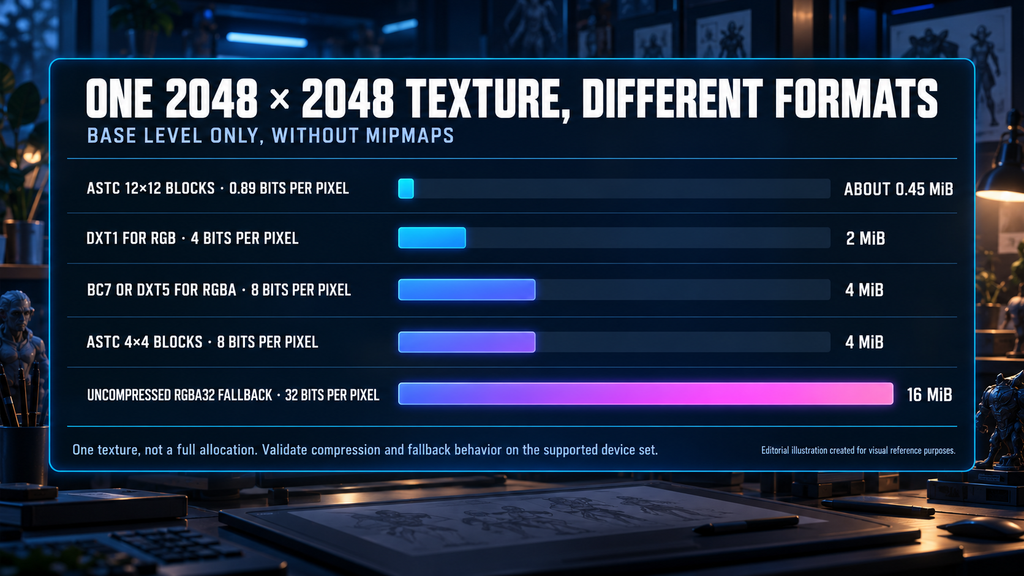 One 2048 by 2048 texture shown with different compression formats and block sizes and the memory each needs