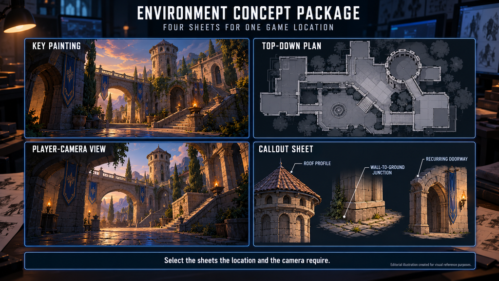 Environment concept art for games: key painting, top-down plan, player-camera view and callout sheet of one location