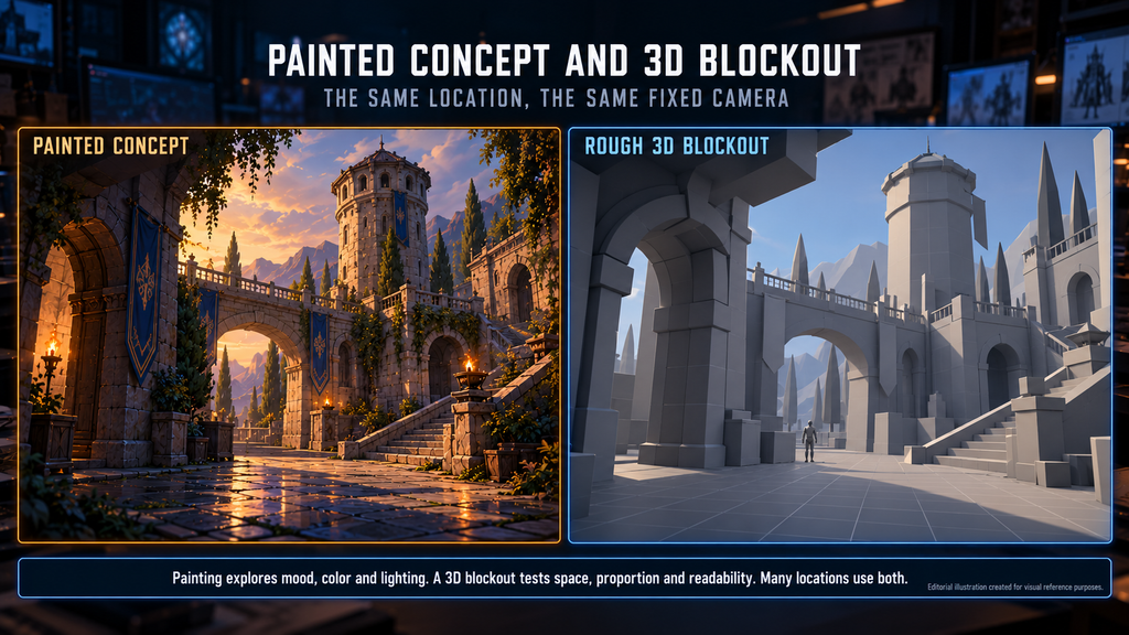 The same game location as a painted concept and as a rough 3D blockout viewed from a fixed camera