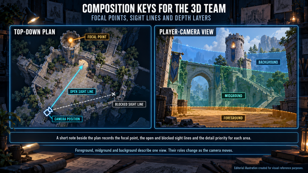 Top-down location plan with camera positions, focal points and sight lines paired with a player-camera view showing depth layers
