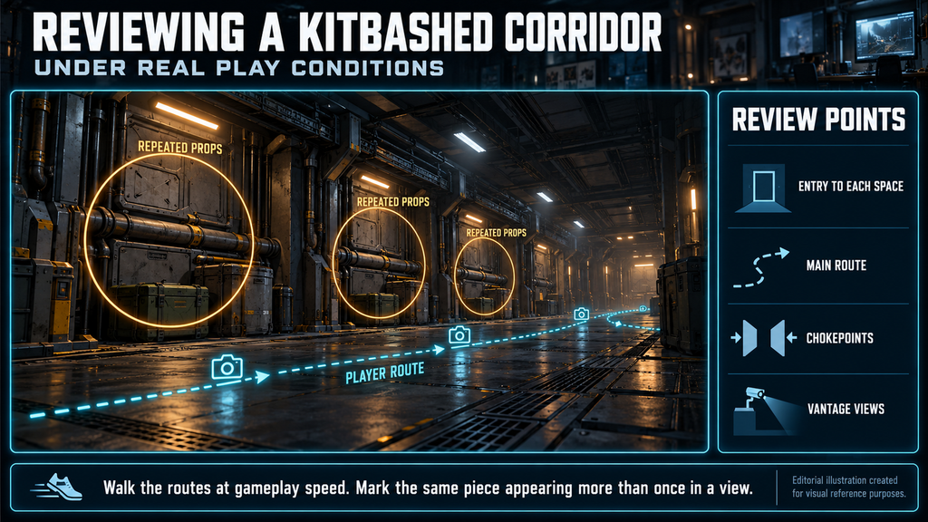 Kitbashed sci-fi corridor with repeated props marked along the player route for review