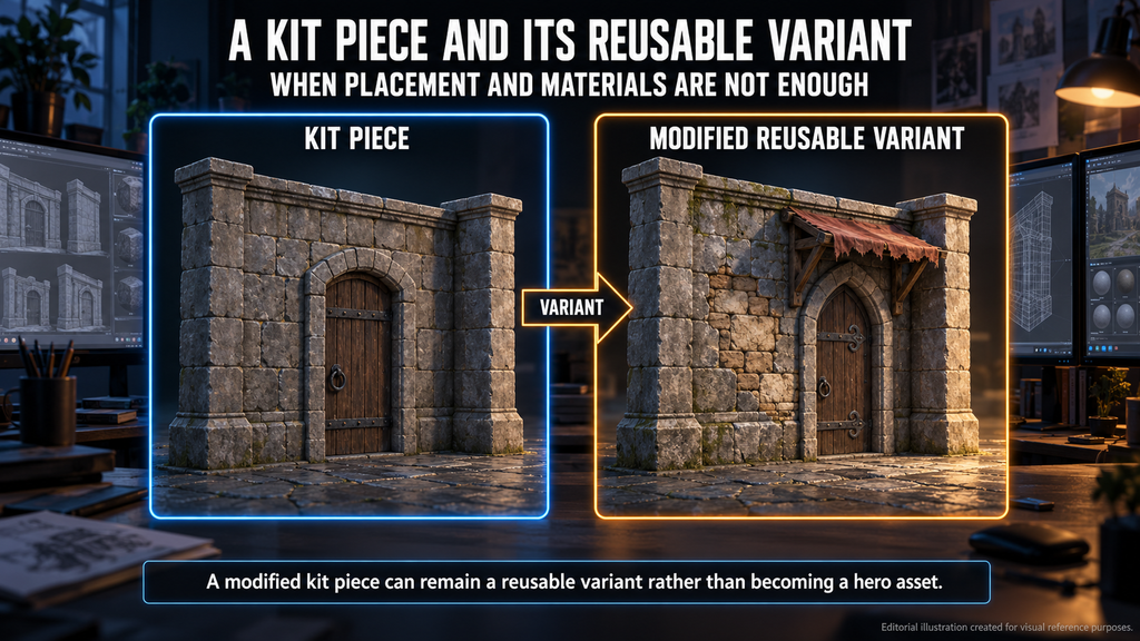 A modular stone wall kit piece next to its modified reusable variant in a game scene