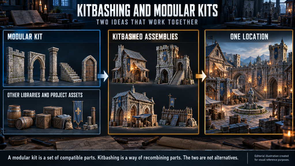 Kitbashing and modular kits: a modular stone kit and other project assets recombined into assemblies for one location