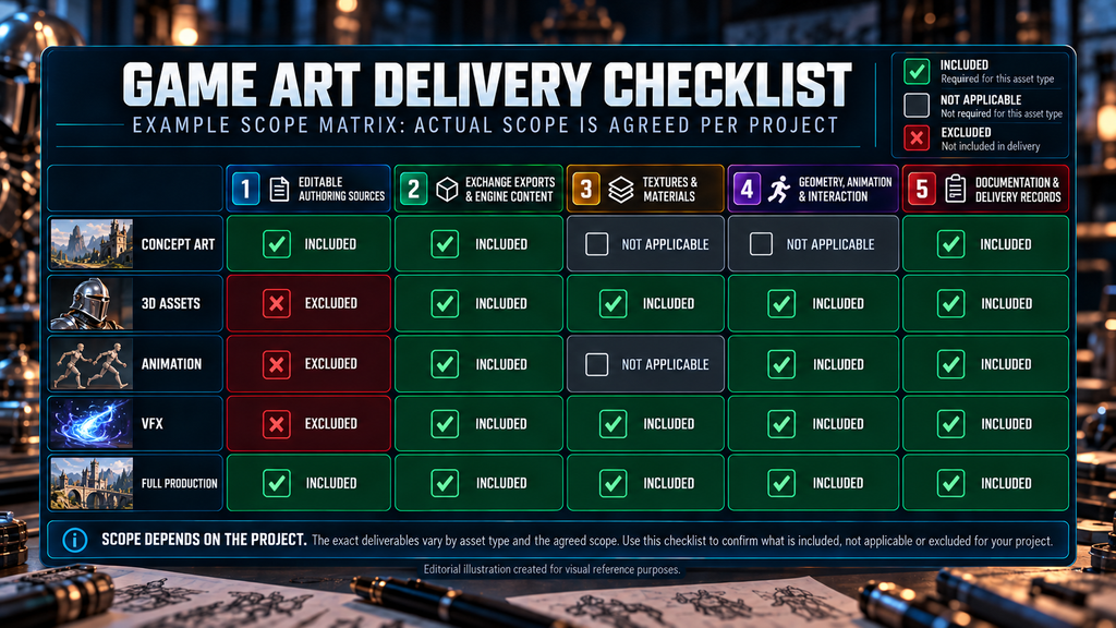 Game art delivery checklist separating required, excluded and not-applicable components by asset type