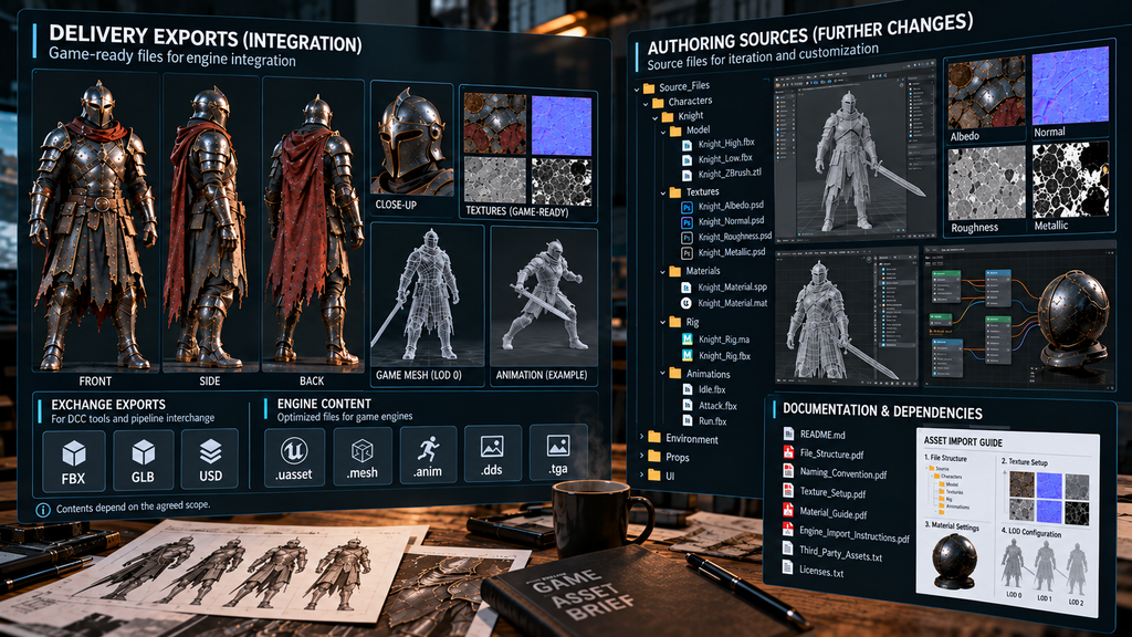 Game art delivery exports beside editable authoring files and documented dependencies