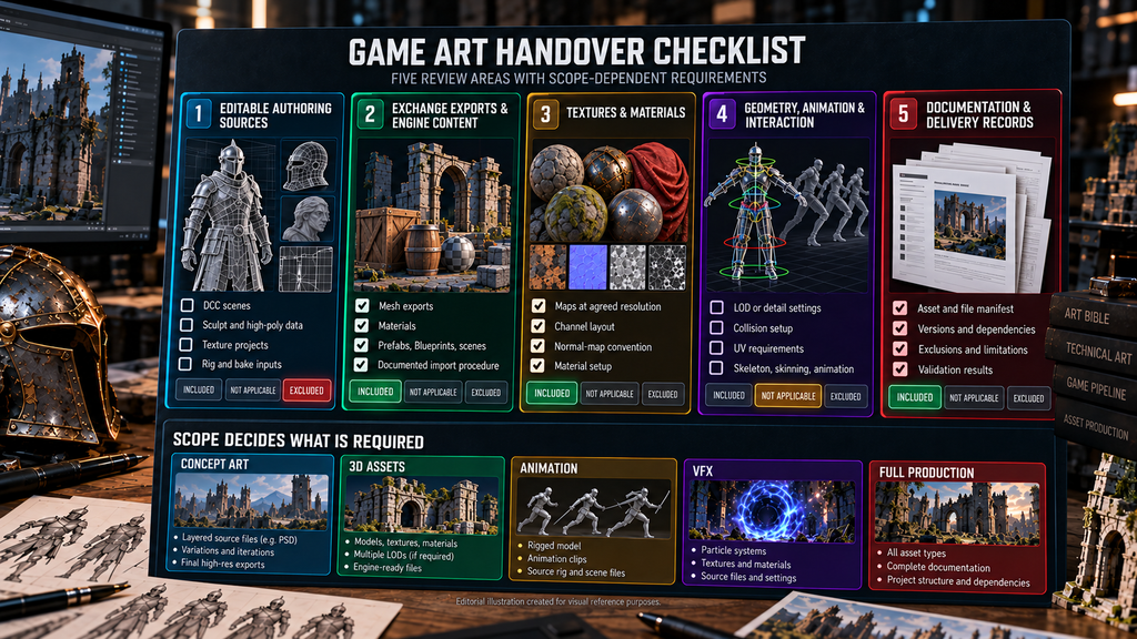 Five review areas in a game art handover checklist, with scope-dependent requirements