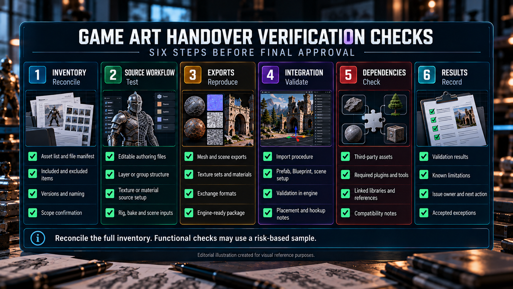 Game art handover checks covering inventory, source workflow, exports, integration, dependencies and results