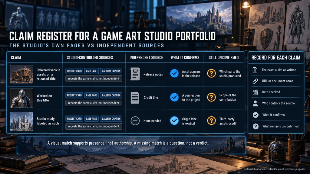 Claim register for a game art studio portfolio comparing the studio's own pages with independent sources