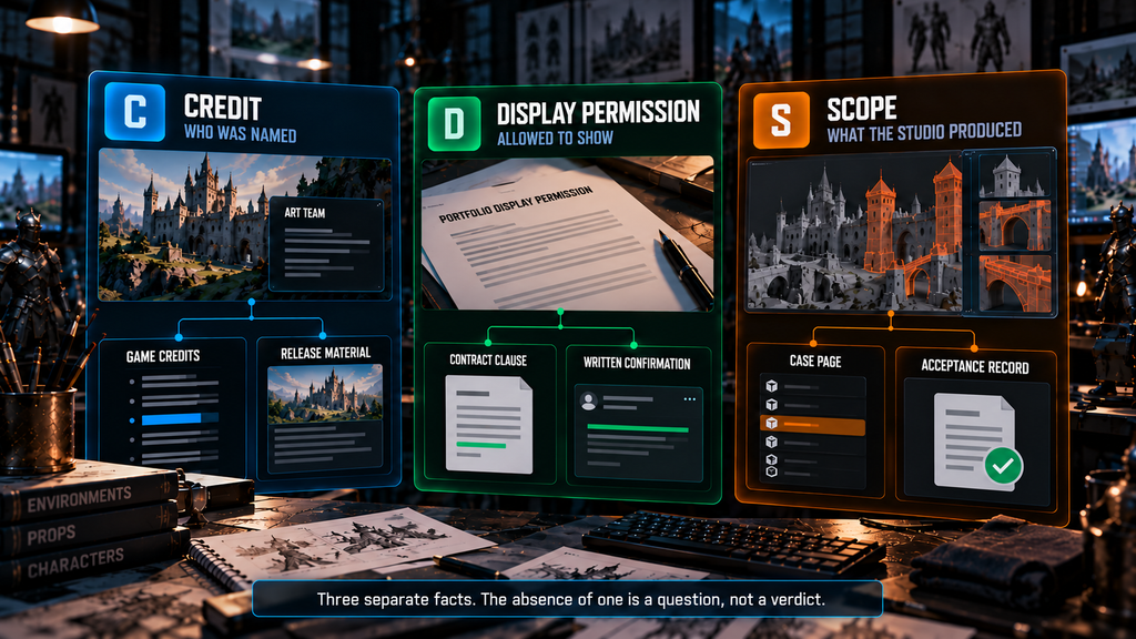 Game art studio portfolio verification: credit, display permission and scope as three separate facts with different evidence