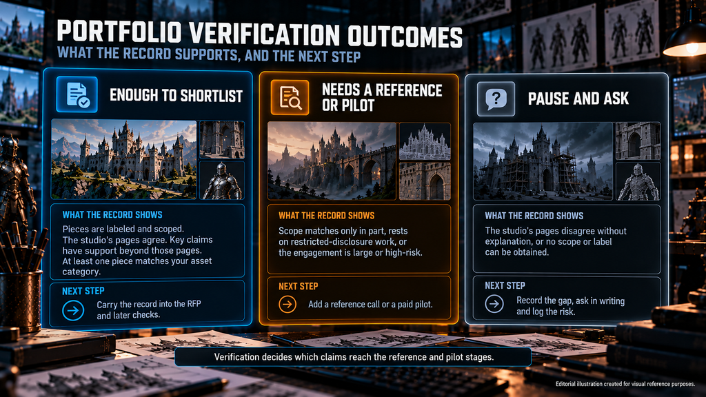 Portfolio verification outcomes: shortlist the studio, add a reference or paid pilot, or pause and ask in writing