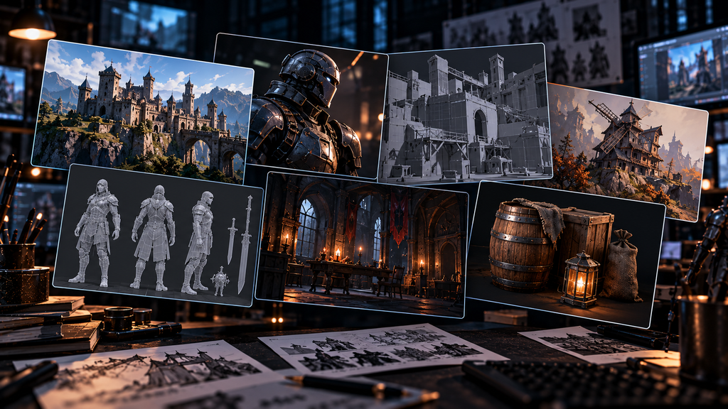 Seven game art portfolio pieces on a studio desk: castle environment, armored character, blockout, wireframe sheet, interior and props