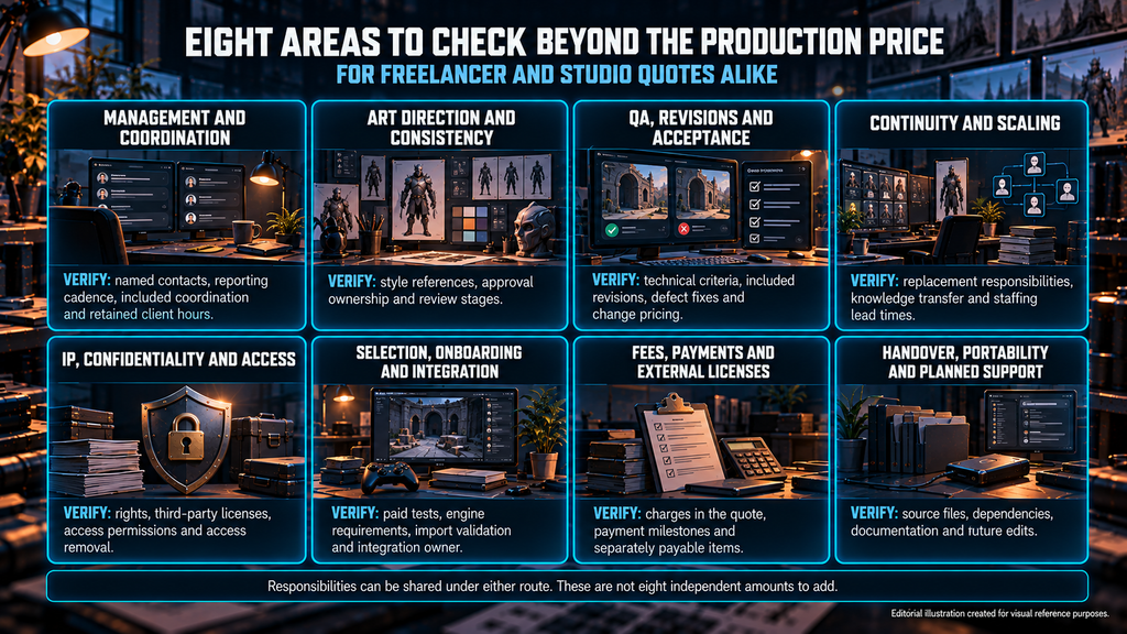 Eight areas to check beyond the production price when comparing game art studio and freelancer quotes