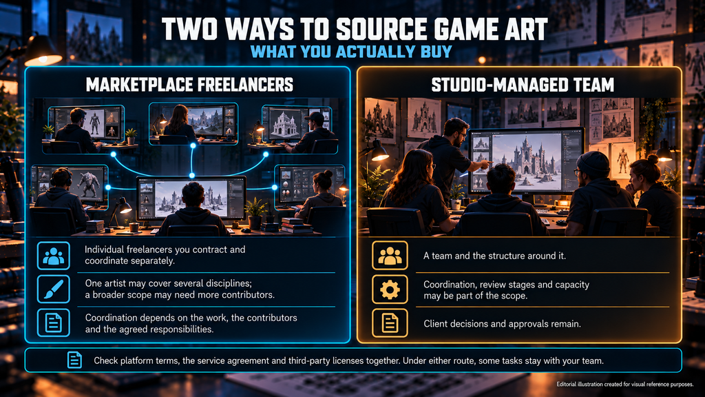 Game art studio vs freelancer: two sourcing routes compared, marketplace freelancers and an outsourcing studio