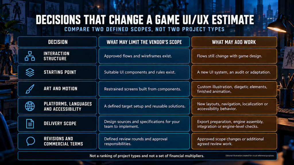 Decisions that change a game UI/UX estimate: starting materials, delivery scope and technical targets