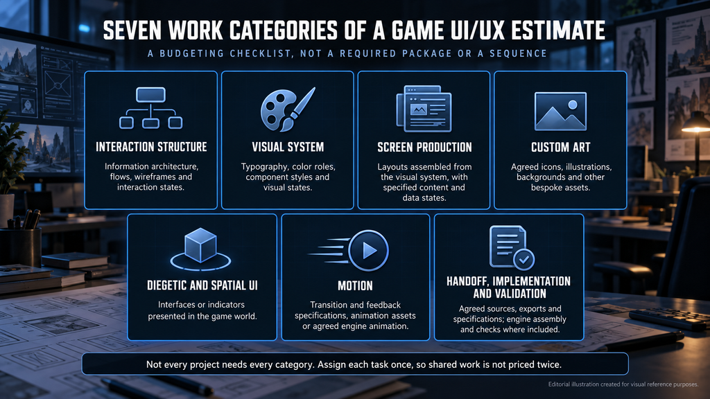Seven work categories of a game UI/UX design cost estimate, from interaction structure to engine validation