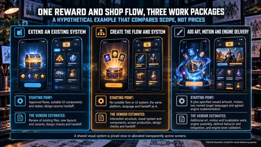 Three work packages for one game reward and shop flow, each with a different starting point