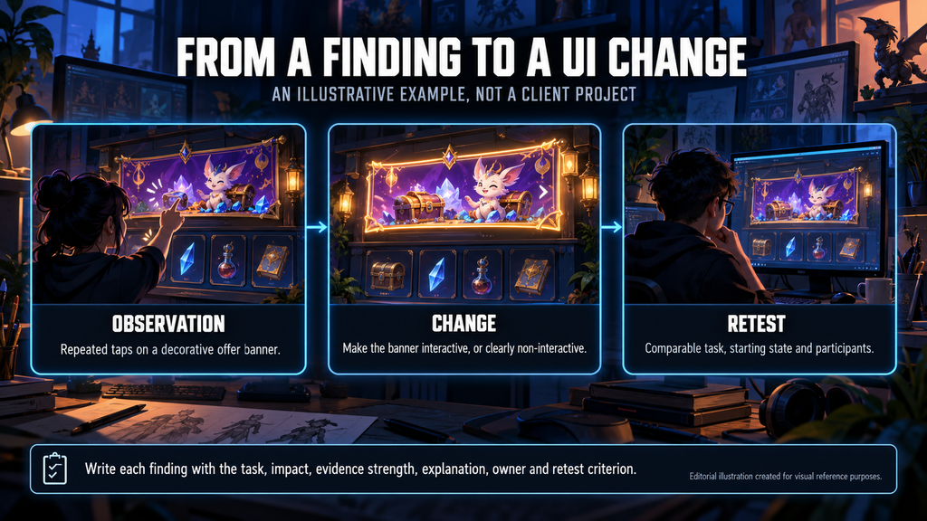 Game UX playtest finding turned into a UI change and retest, using a decorative offer banner example