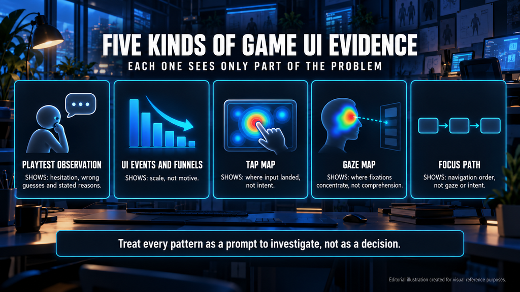 Five kinds of game UI playtest evidence: observation, events, tap map, gaze map and focus path