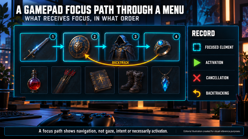 Gamepad focus path through a game menu showing focus order, activation, cancellation and backtracking