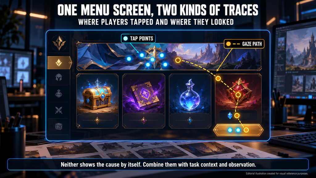 Game UX playtesting heatmaps: tap points and gaze path shown on one game shop menu screen
