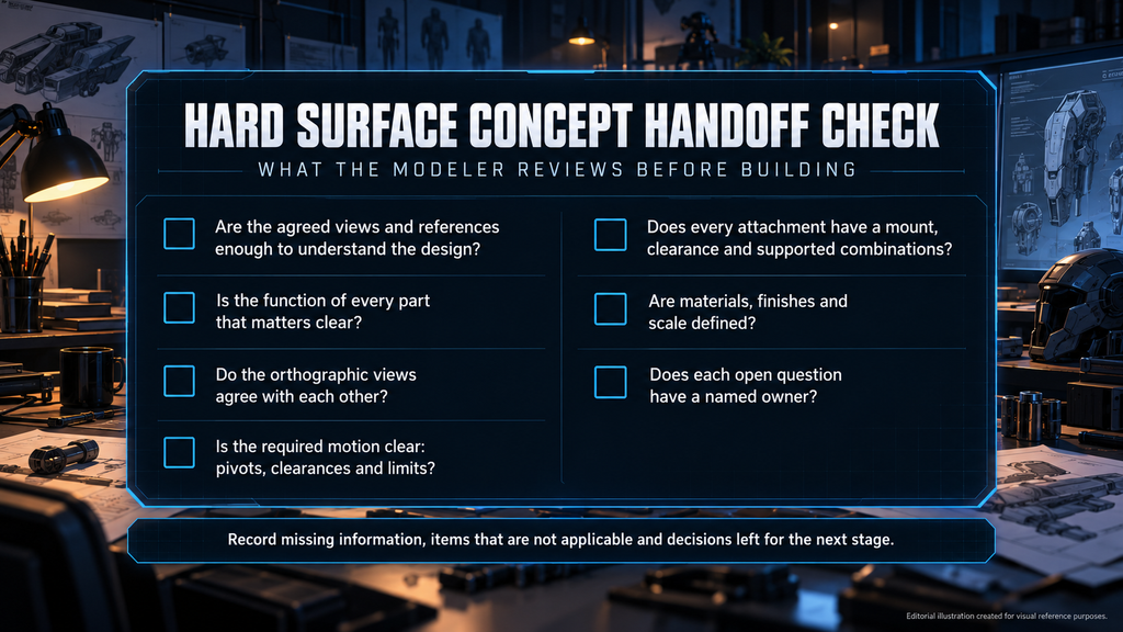 Hard surface concept handoff checklist: agreed views, required motion, materials, scale and named owners for open questions