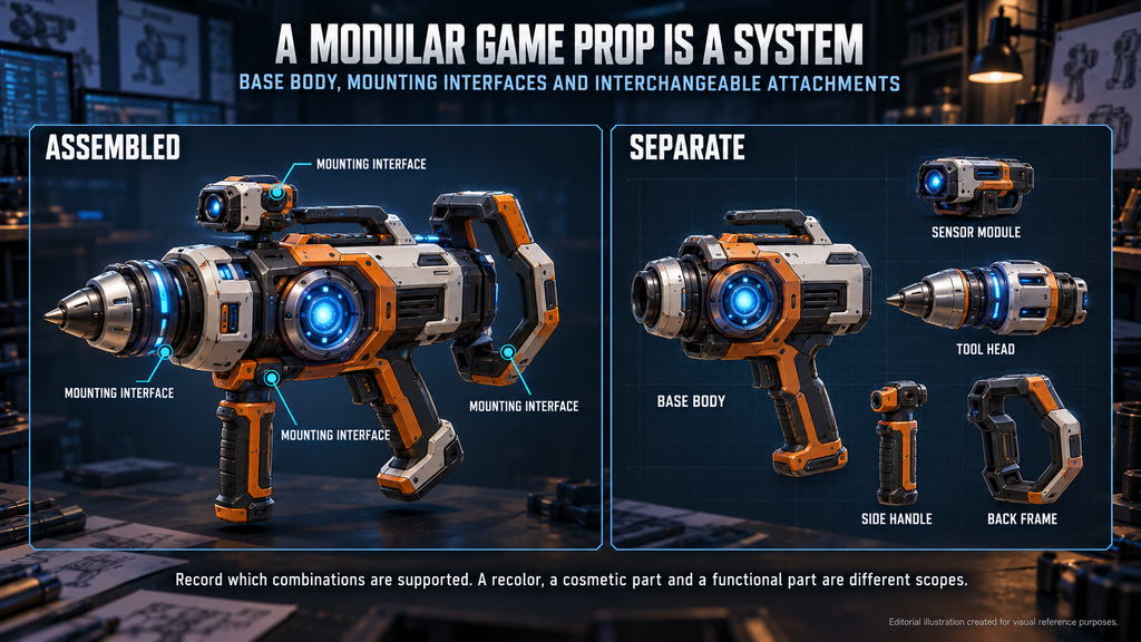 Modular game prop concept art with a base body, mounting interfaces and interchangeable attachments shown assembled and separate