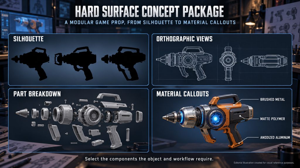 Hard surface concept art package for a modular game prop: silhouette, orthographic views, part breakdown and material callouts