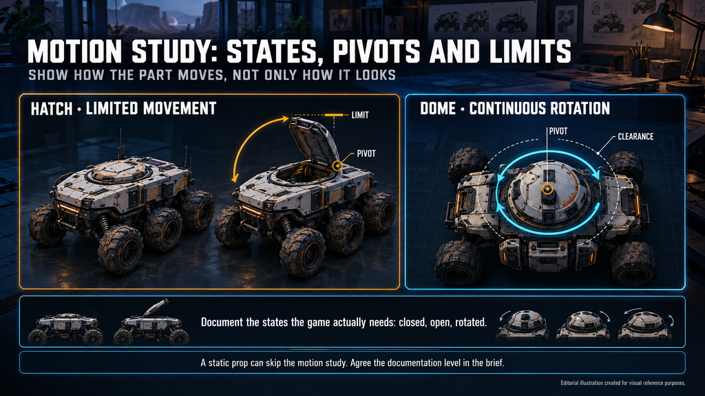 Hard surface concept art motion study showing required states, pivots or movement paths and limits of a mechanical object