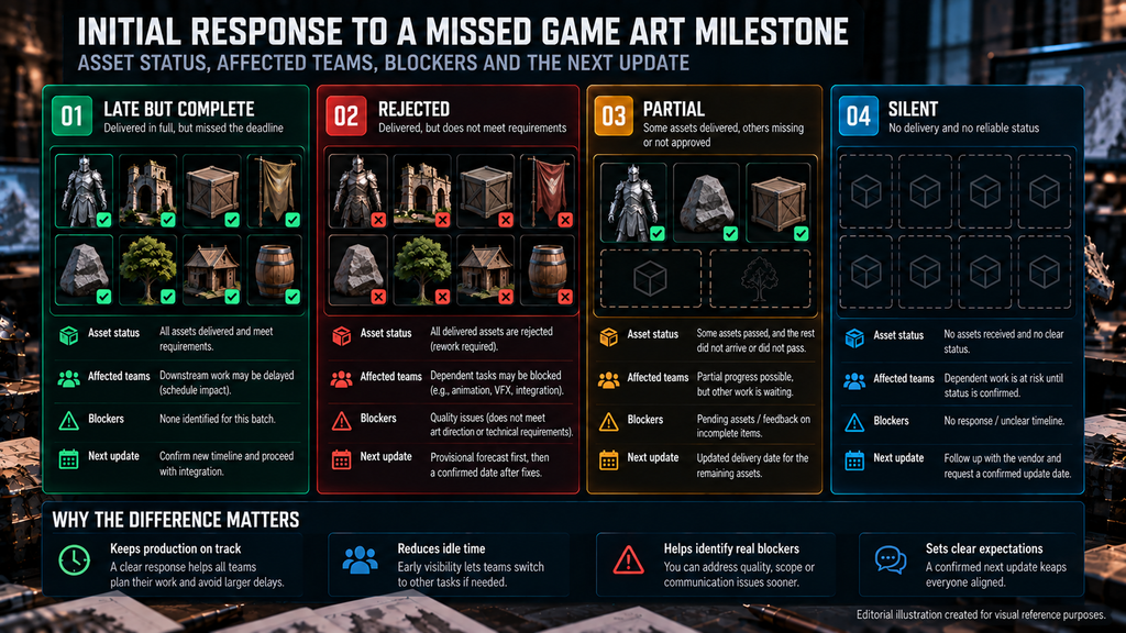 Initial response to a missed art milestone: asset status, affected teams, blockers and the next update